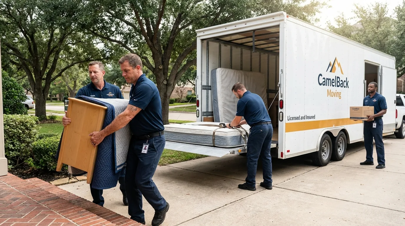 Crew loading residential truck for cross-state move from Cameron, TX