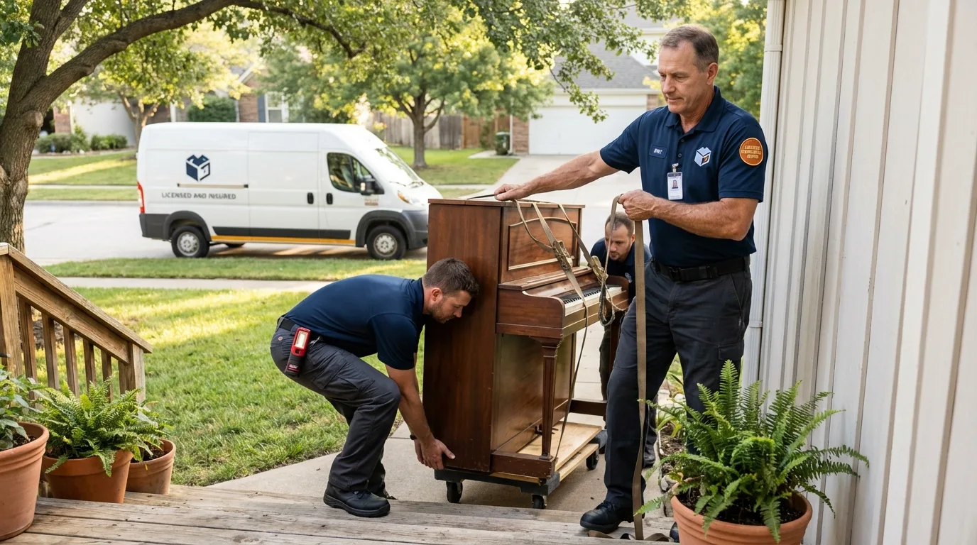 Licensed piano movers securing grand piano in Cameron, TX